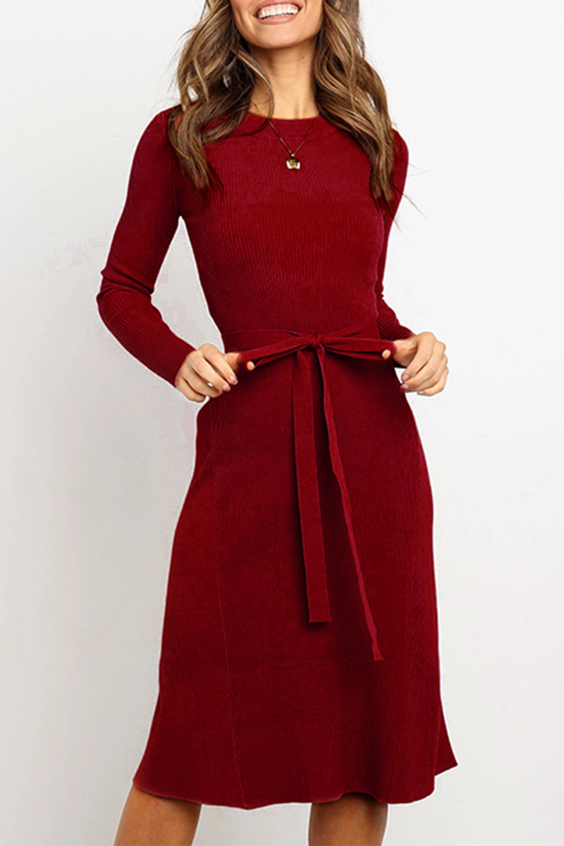 Fashion Casual & Stylish Classic Solid Basic With Belt O Neck Dresses