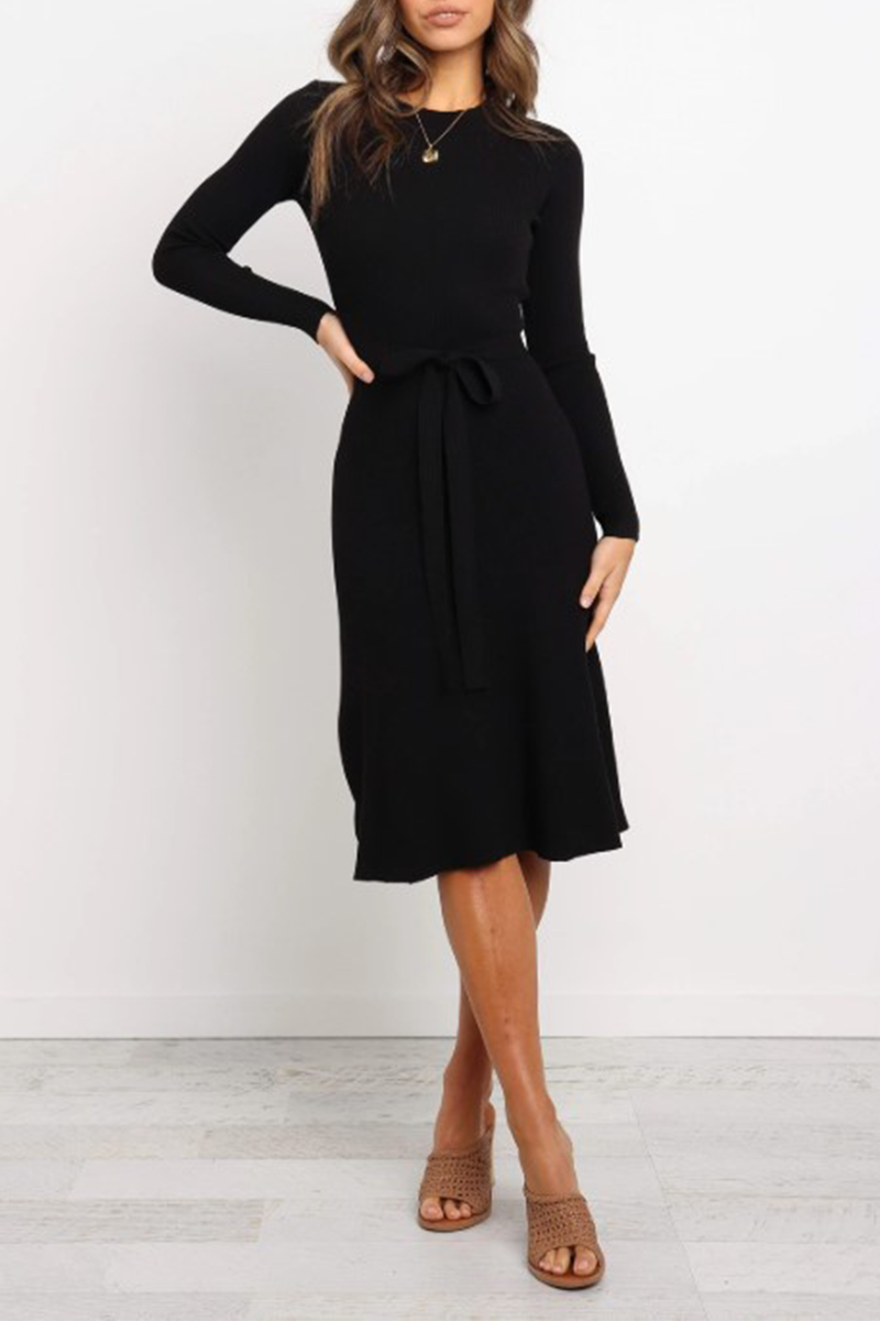Fashion Casual & Stylish Classic Solid Basic With Belt O Neck Dresses