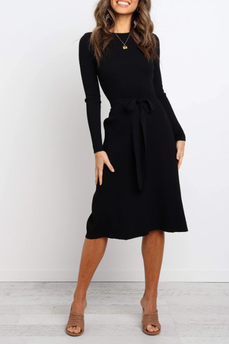 Fashion Casual & Stylish Classic Solid Basic With Belt O Neck Dresses