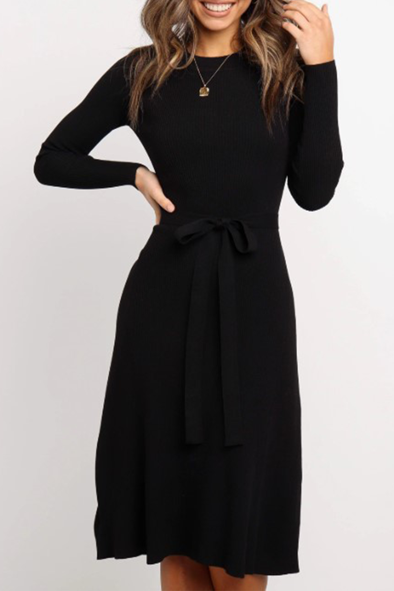 Fashion Casual & Stylish Classic Solid Basic With Belt O Neck Dresses