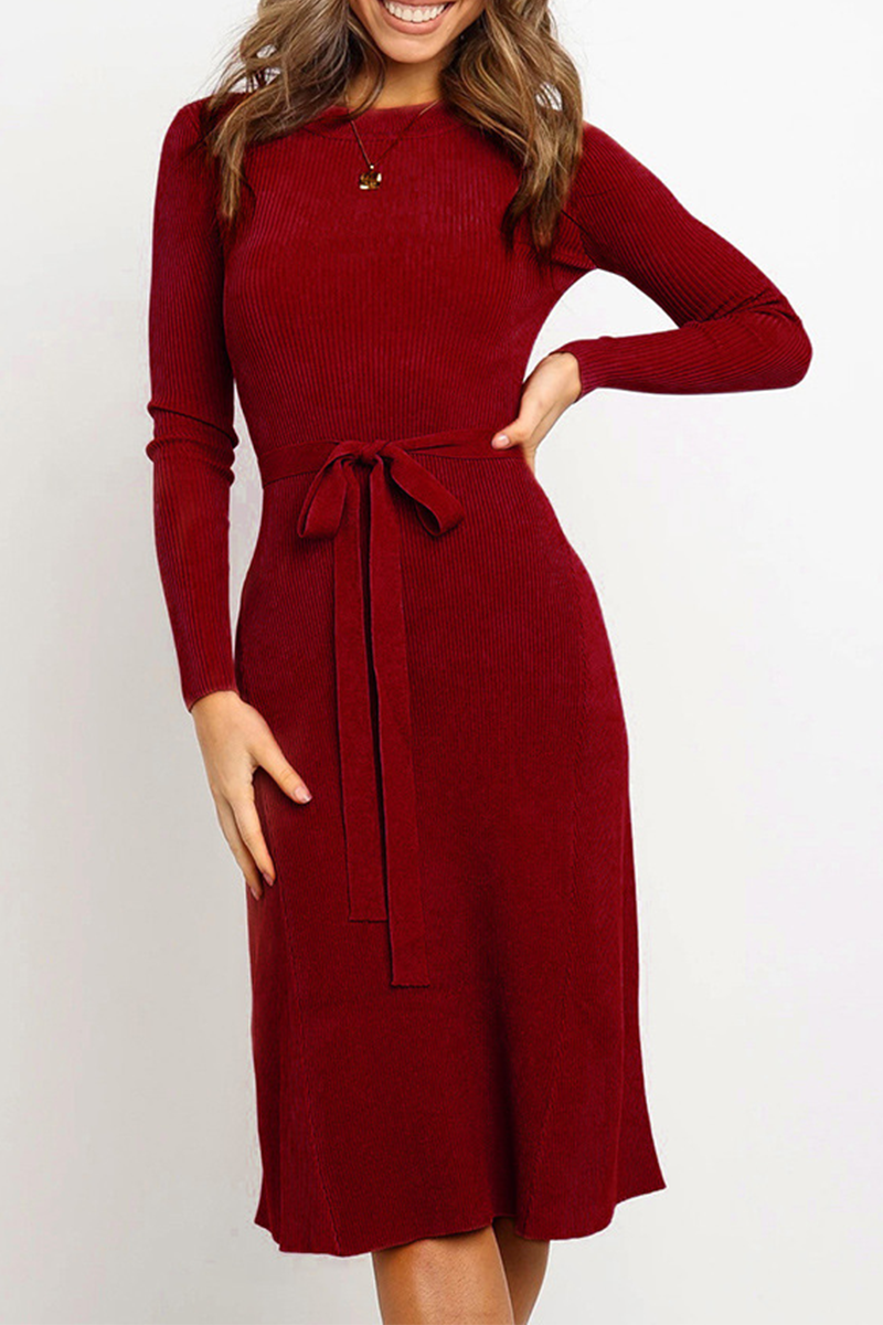 Fashion Casual & Stylish Classic Solid Basic With Belt O Neck Dresses