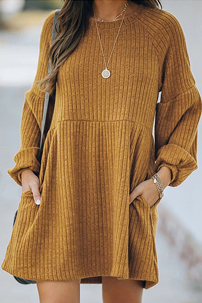 Fashion Casual & Stylish Classic Solid Patchwork Pocket O Neck A Line Dresses