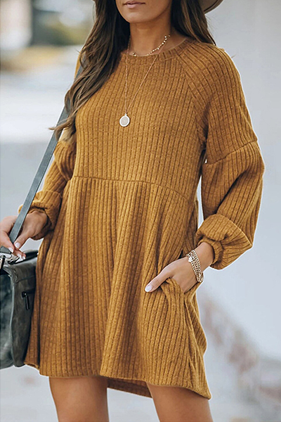 Fashion Casual & Stylish Classic Solid Patchwork Pocket O Neck A Line Dresses