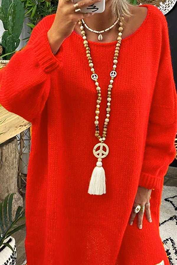 Casual & Stylish Classic Solid Patchwork Slit O Neck Tops Sweater