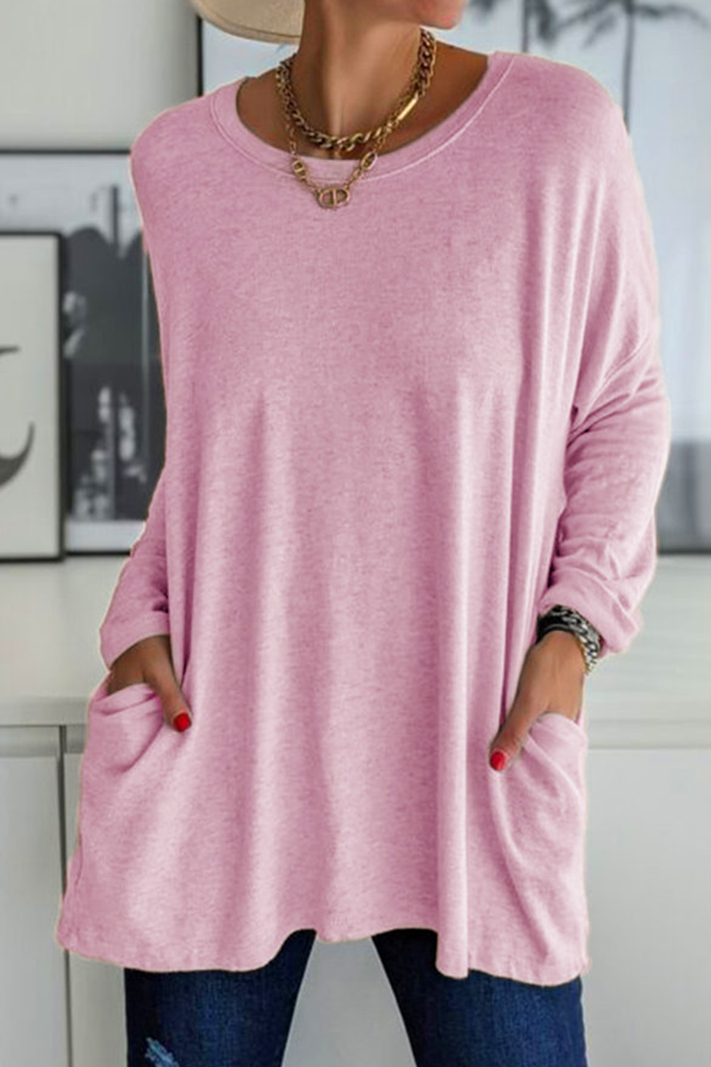 Casual effen patchwork top met zak en O-hals, trendy en veelzijdig