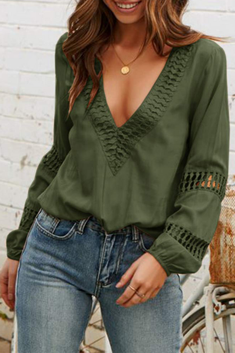 Casual & Stylish Elegant & Stylish Classic Solid Lace Hollowed Out V Neck Blouses(5 Colors)