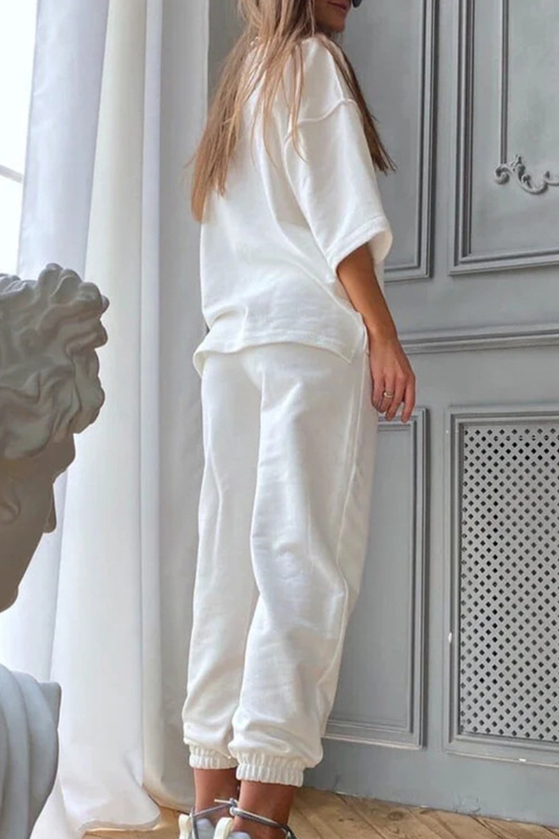 Casual & Stylish Classic Solid Draw String Basic O Neck Half Sleeve Two Pieces