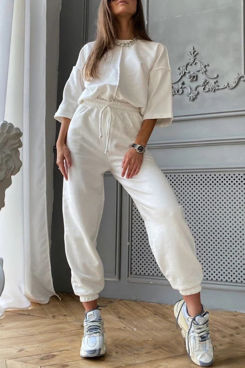 Casual & Stylish Classic Solid Draw String Basic O Neck Half Sleeve Two Pieces