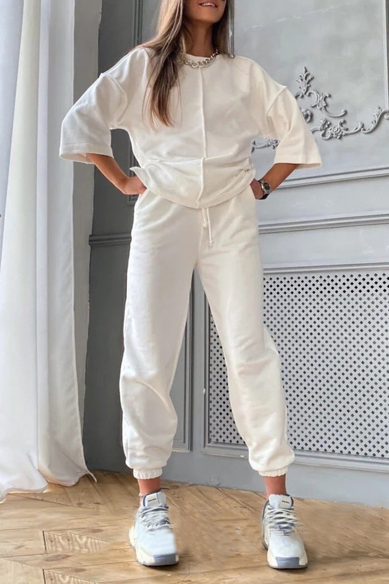 Casual & Stylish Classic Solid Draw String Basic O Neck Half Sleeve Two Pieces