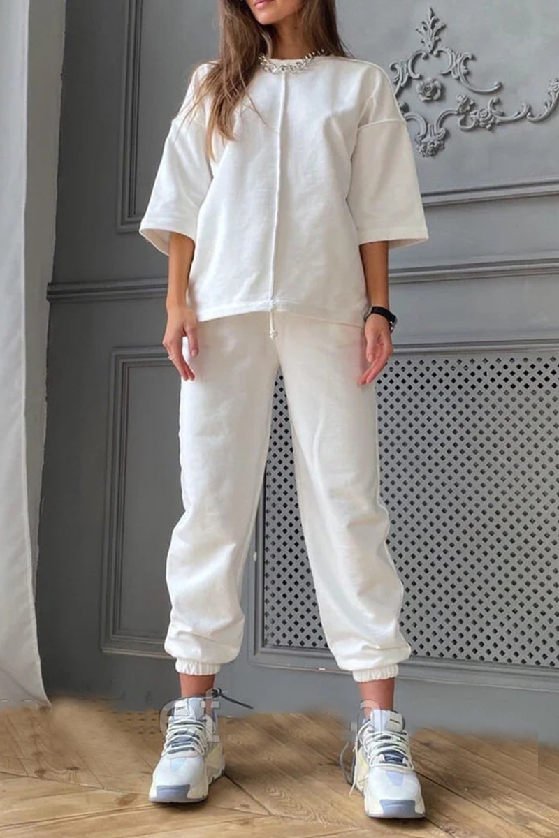 Casual & Stylish Classic Solid Draw String Basic O Neck Half Sleeve Two Pieces