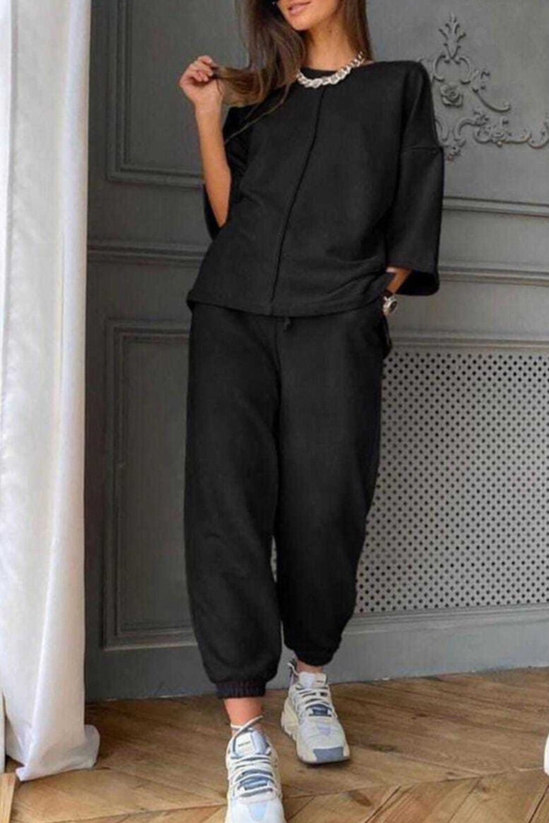 Casual & Stylish Classic Solid Draw String Basic O Neck Half Sleeve Two Pieces