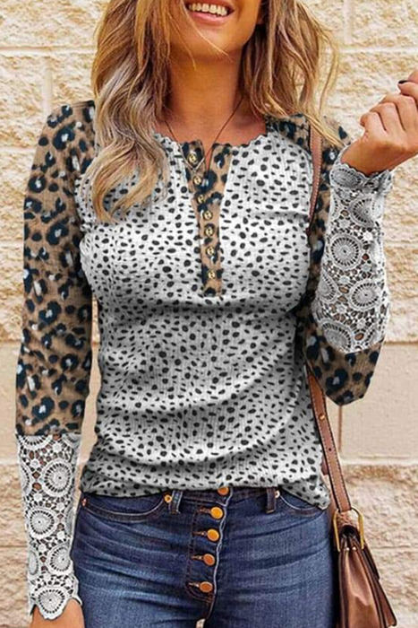 Casual & Stylish Leopard Lace Buckle O Neck Tops