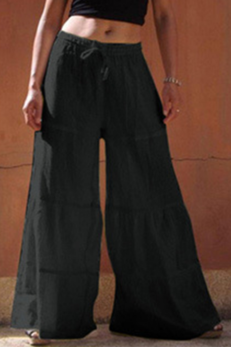 Casual & Stylish Classic Solid Frenulum Loose Wide Leg Patchwork Bottoms(5 Colors)