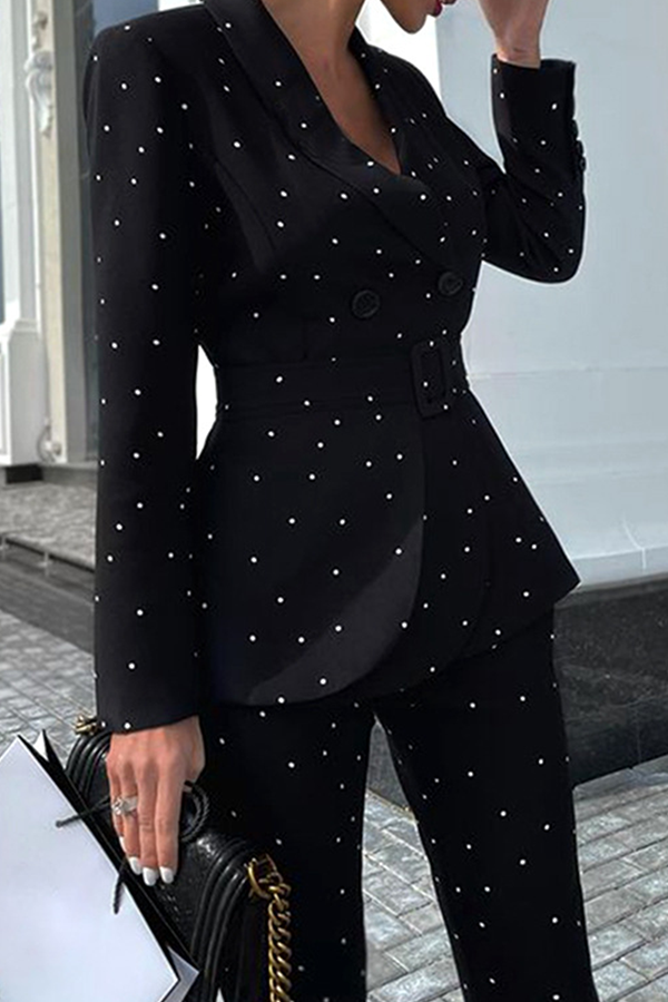 Elegant & Stylish Polka Dot Buckle With Belt Turndown Collar Long Sleeve Two Pieces