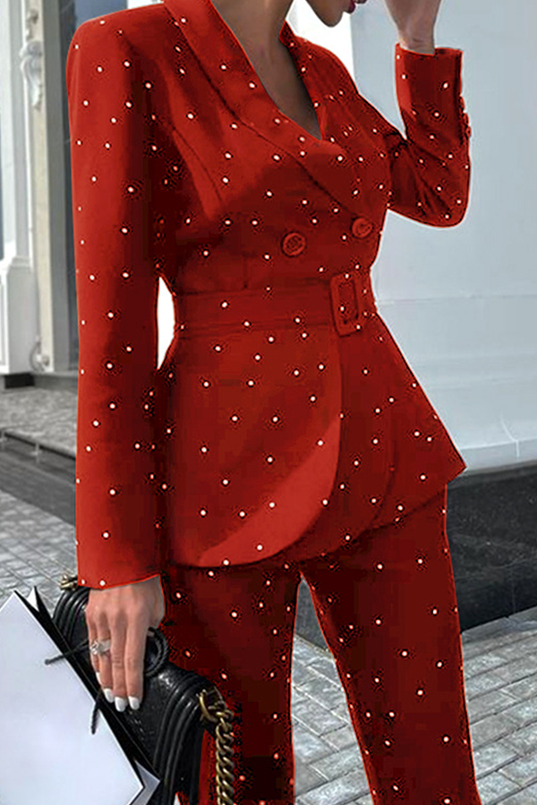 Elegant & Stylish Polka Dot Buckle With Belt Turndown Collar Long Sleeve Two Pieces