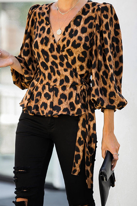 Fashion Elegant & Stylish Leopard Flounce Strap Design V Neck Tops