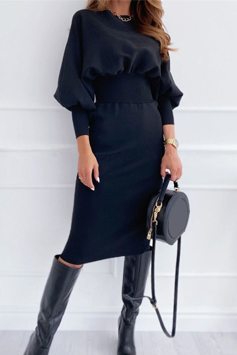 Fashion Casual & Stylish Classic Solid Patchwork Fold O Neck Waist Skirt Dresses(5 Colors)