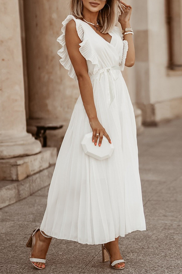 Elegant & Stylish Classic Solid Flounce Strap Design V Neck Pleated Dresses(6 Colors)