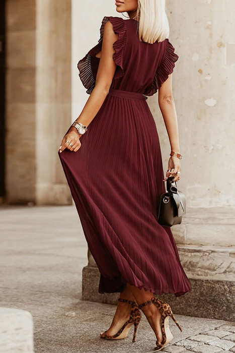 Elegant & Stylish Classic Solid Flounce Strap Design V Neck Pleated Dresses(6 Colors)