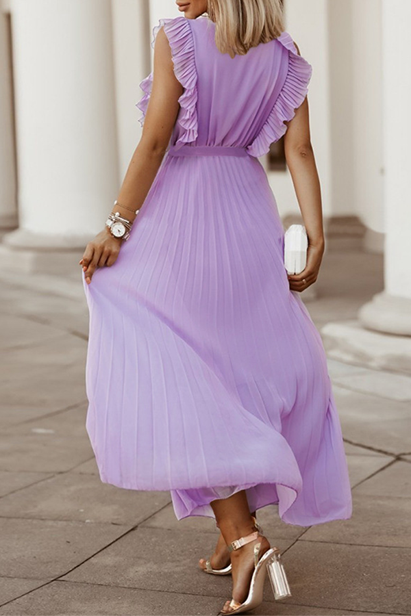 Elegant & Stylish Classic Solid Flounce Strap Design V Neck Pleated Dresses(6 Colors)