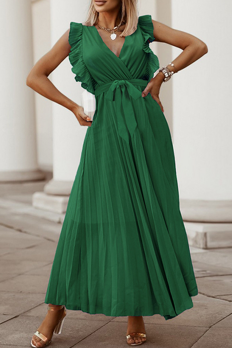 Elegant & Stylish Classic Solid Flounce Strap Design V Neck Pleated Dresses(6 Colors)