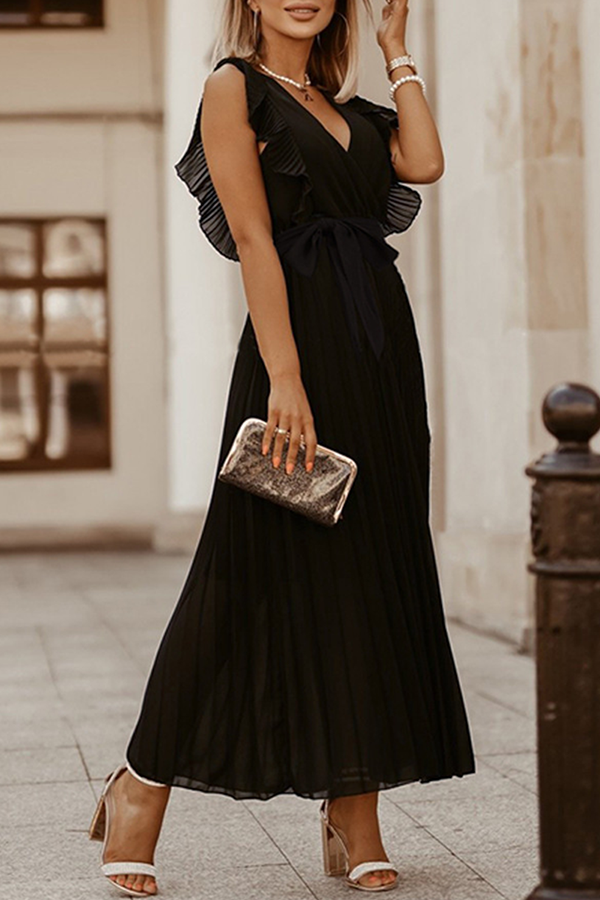 Elegant & Stylish Classic Solid Flounce Strap Design V Neck Pleated Dresses(6 Colors)