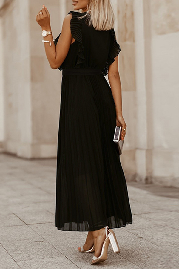 Elegant & Stylish Classic Solid Flounce Strap Design V Neck Pleated Dresses(6 Colors)