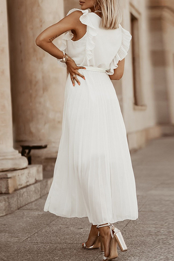 Elegant & Stylish Classic Solid Flounce Strap Design V Neck Pleated Dresses(6 Colors)