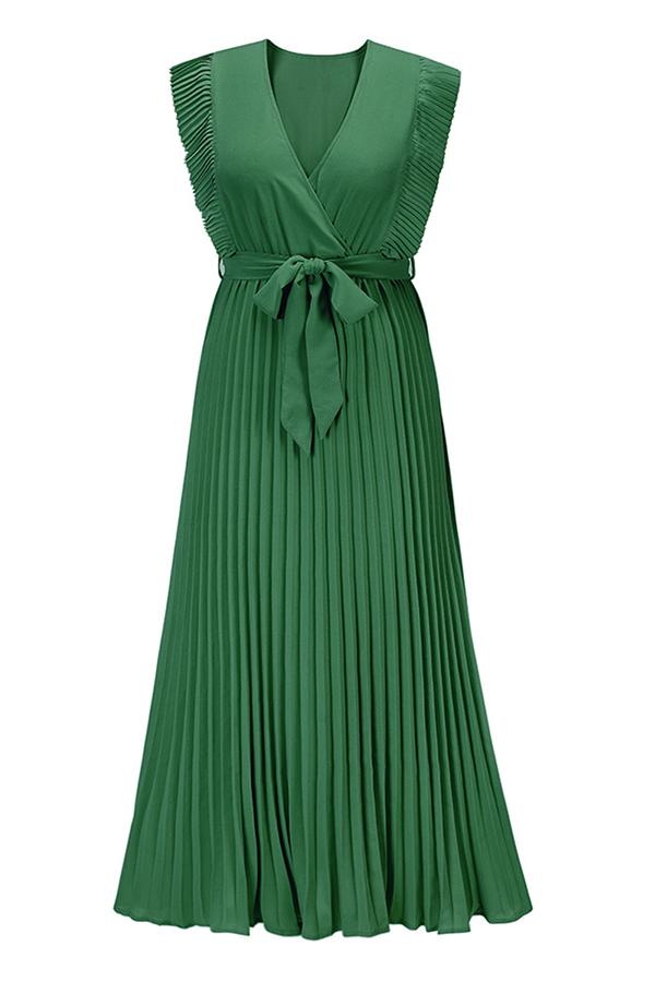 Elegant & Stylish Classic Solid Flounce Strap Design V Neck Pleated Dresses(6 Colors)