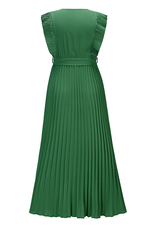 Elegant & Stylish Classic Solid Flounce Strap Design V Neck Pleated Dresses(6 Colors)