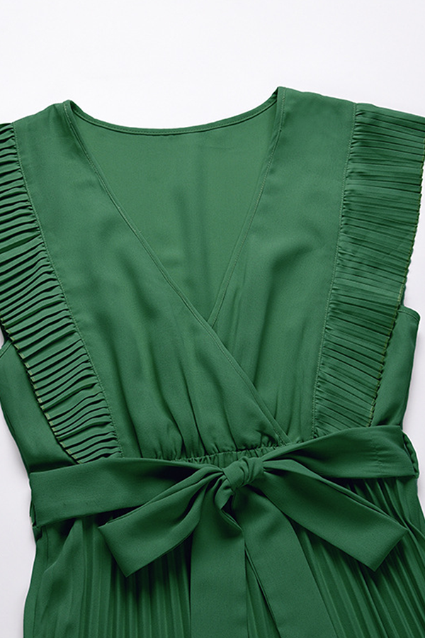 Elegant & Stylish Classic Solid Flounce Strap Design V Neck Pleated Dresses(6 Colors)