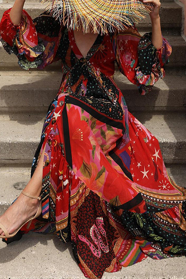 Bohemian Vibes: Patchwork Buckle Flounce V-Neck Dresses