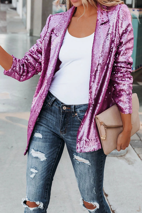 Street-Chic Sequin Cardigan Collar Outerwear with Patchwork