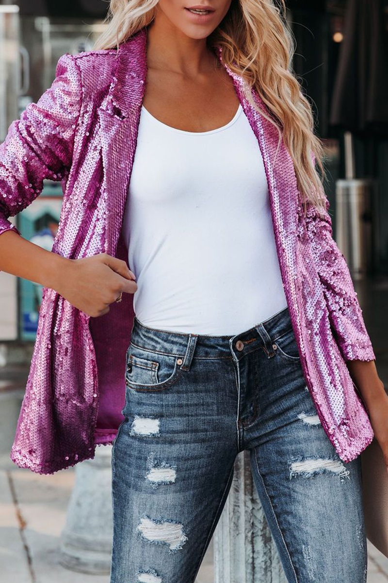 Street-Chic Sequin Cardigan Collar Outerwear with Patchwork
