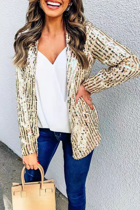 Street-Chic Sequin Cardigan Collar Outerwear with Patchwork