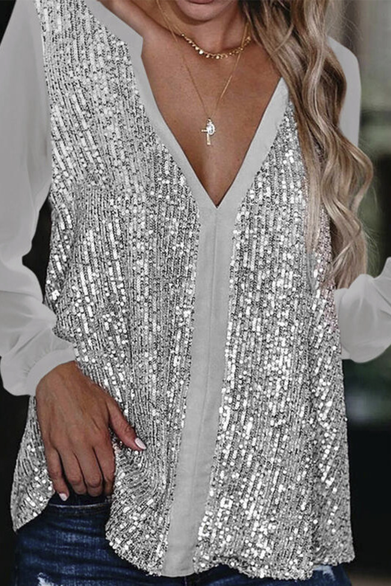 Casual & Stylish Patchwork Sequins V Neck Tops(4 Colors)