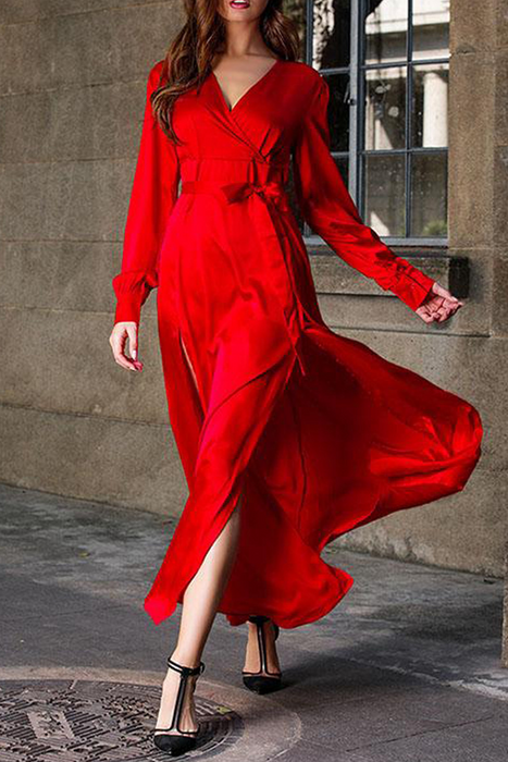 Casual en stijlvolle klassieke effen split V-hals onregelmatige jurk Jurken (3 kleuren)