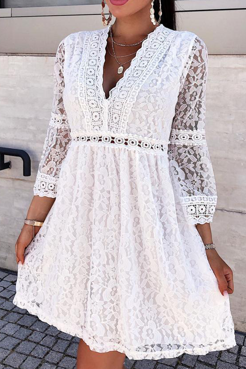 Casual & Stylish Classic Solid Lace V Neck Cake Skirt Dresses