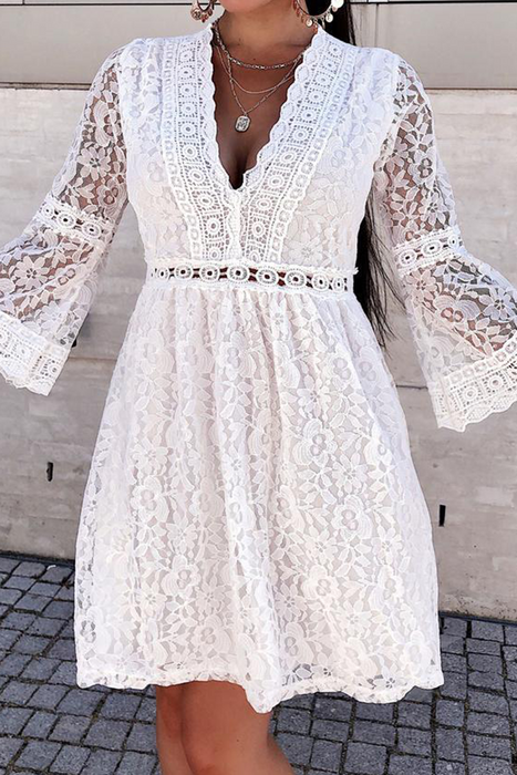Casual & Stylish Classic Solid Lace V Neck Cake Skirt Dresses