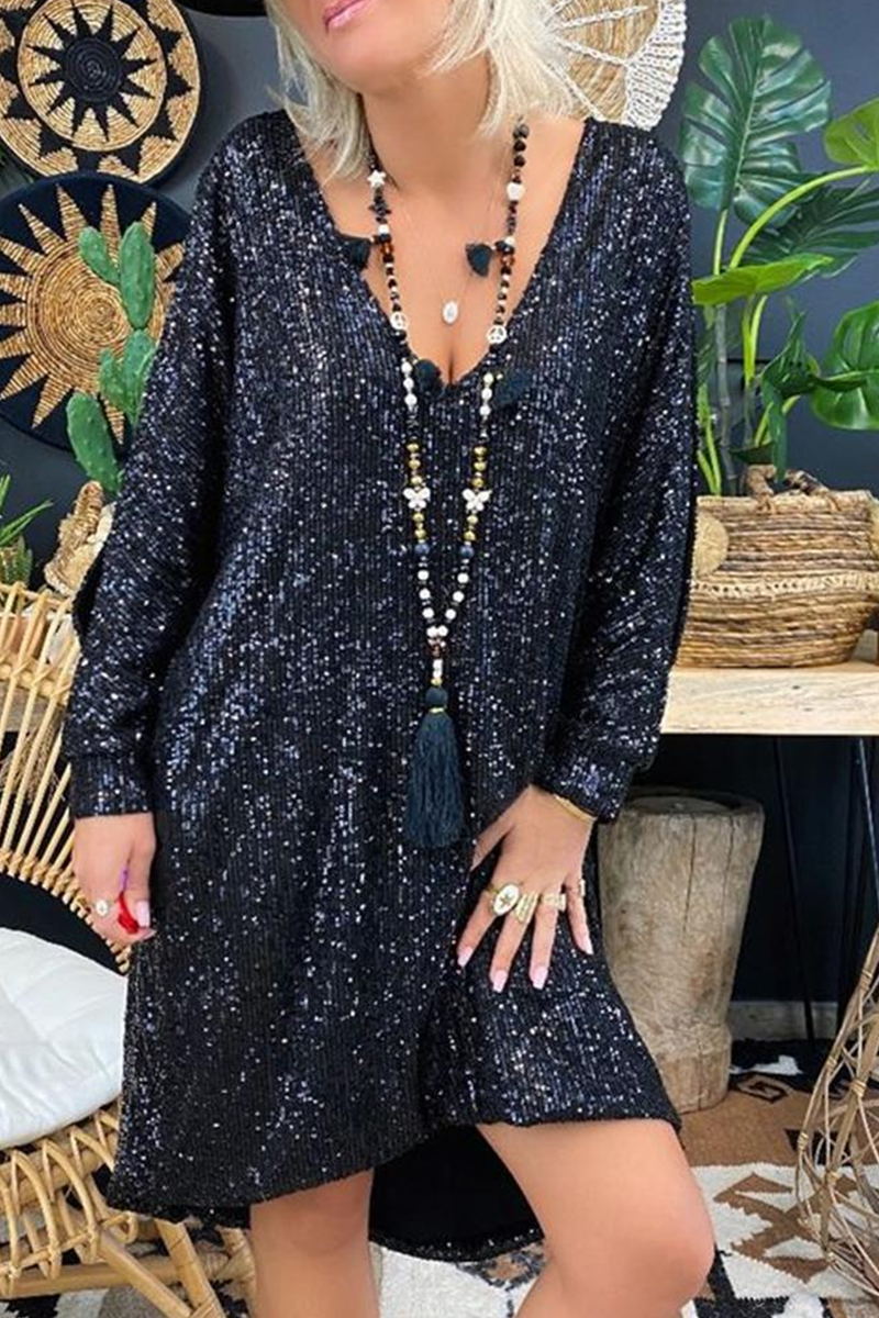 Casual & Stylish Classic Solid Sequins V Neck Straight Dresses(4 Colors)