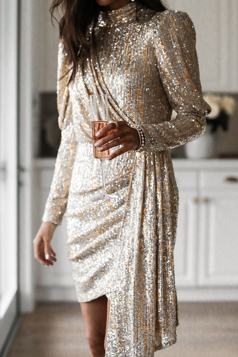 Casual & Stylish Classic Solid Sequins Turtleneck Pencil Skirt Dresses