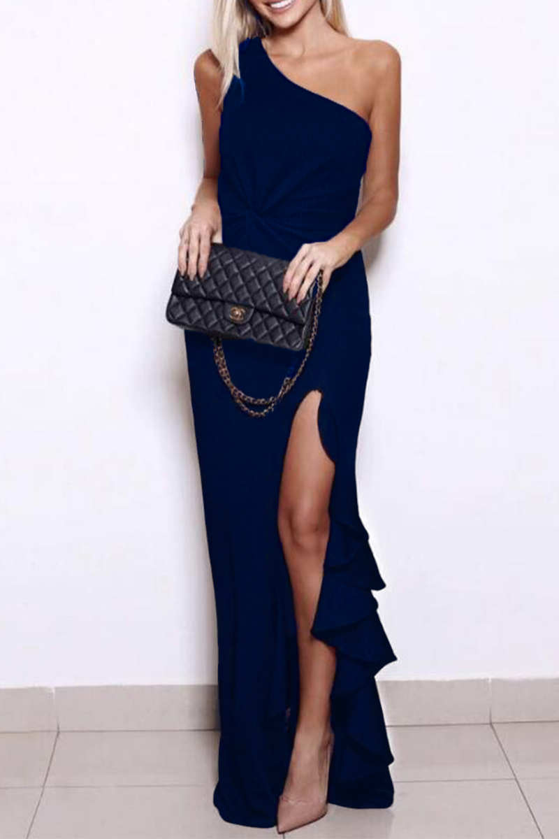 Elegant & Stylish Classic Solid Flounce Slit One Shoulder Evening Dress Dresses(8 Colors)