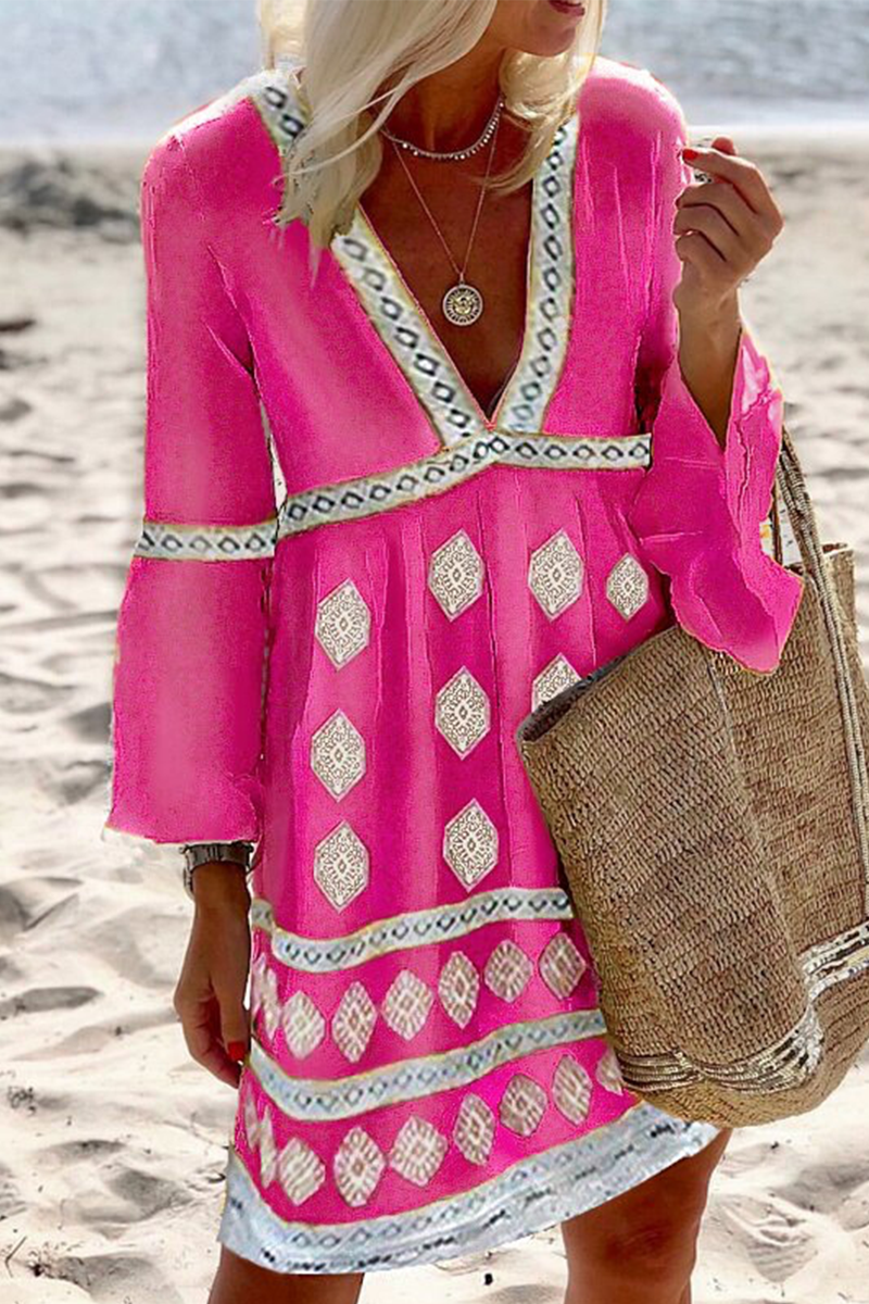 Casual & Stylish Print Patchwork V Neck Cake Skirt Dresses(4 Colors)