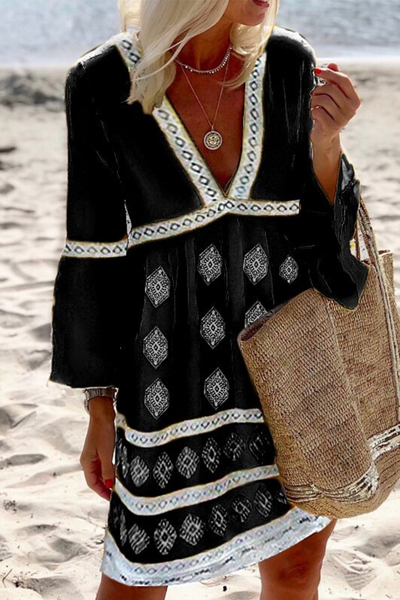 Casual & Stylish Print Patchwork V Neck Cake Skirt Dresses(4 Colors)