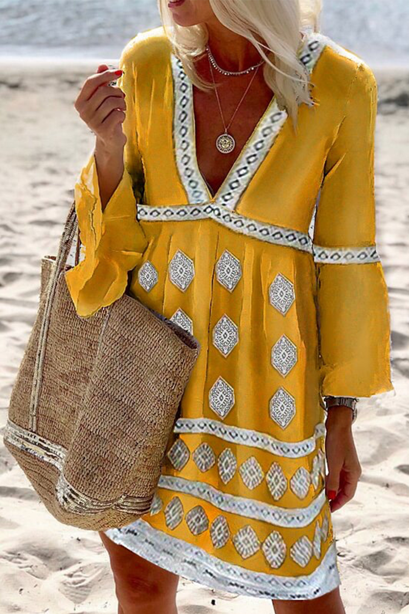 Casual & Stylish Print Patchwork V Neck Cake Skirt Dresses(4 Colors)