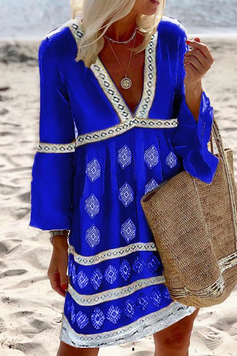 Casual & Stylish Print Patchwork V Neck Cake Skirt Dresses(4 Colors)