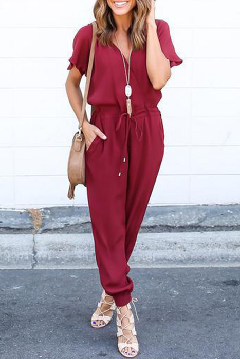 Casual & Stylish Classic Solid Patchwork V Neck Straight Jumpsuits(3 Colors)