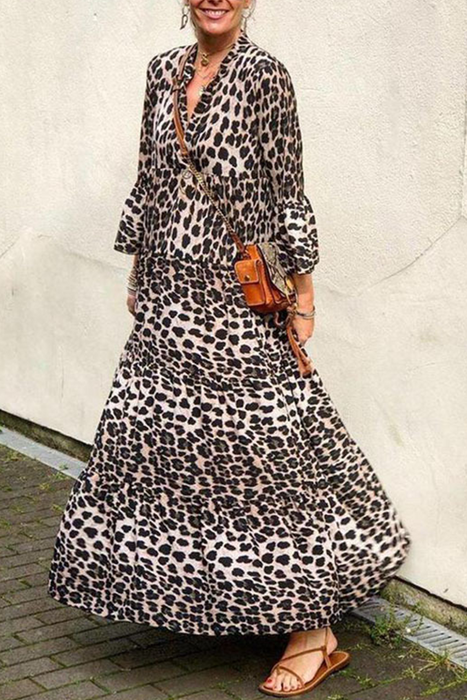 Casual & Stylish Leopard Patchwork V Neck Cake Skirt Dresses
