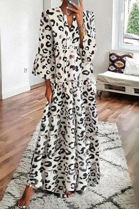 Casual & Stylish Leopard Patchwork V Neck Cake Skirt Dresses