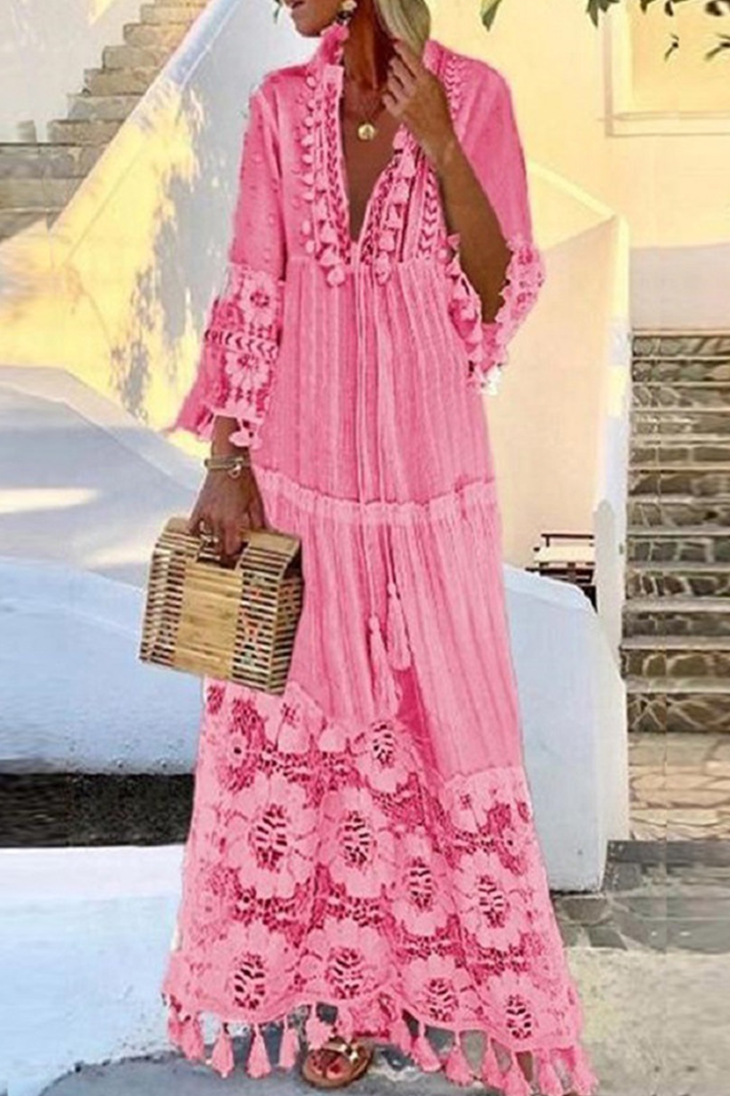 Casual & Stylish Patchwork Lace V Neck Mesh Dress Dresses(4 Colors)